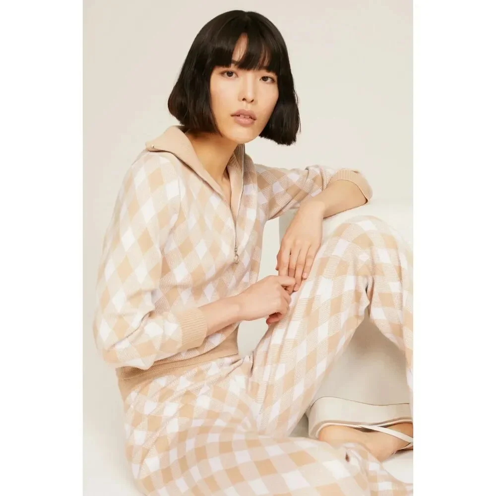 SAYLOR Checkered Knit Pant‎ Set Tan/White Small